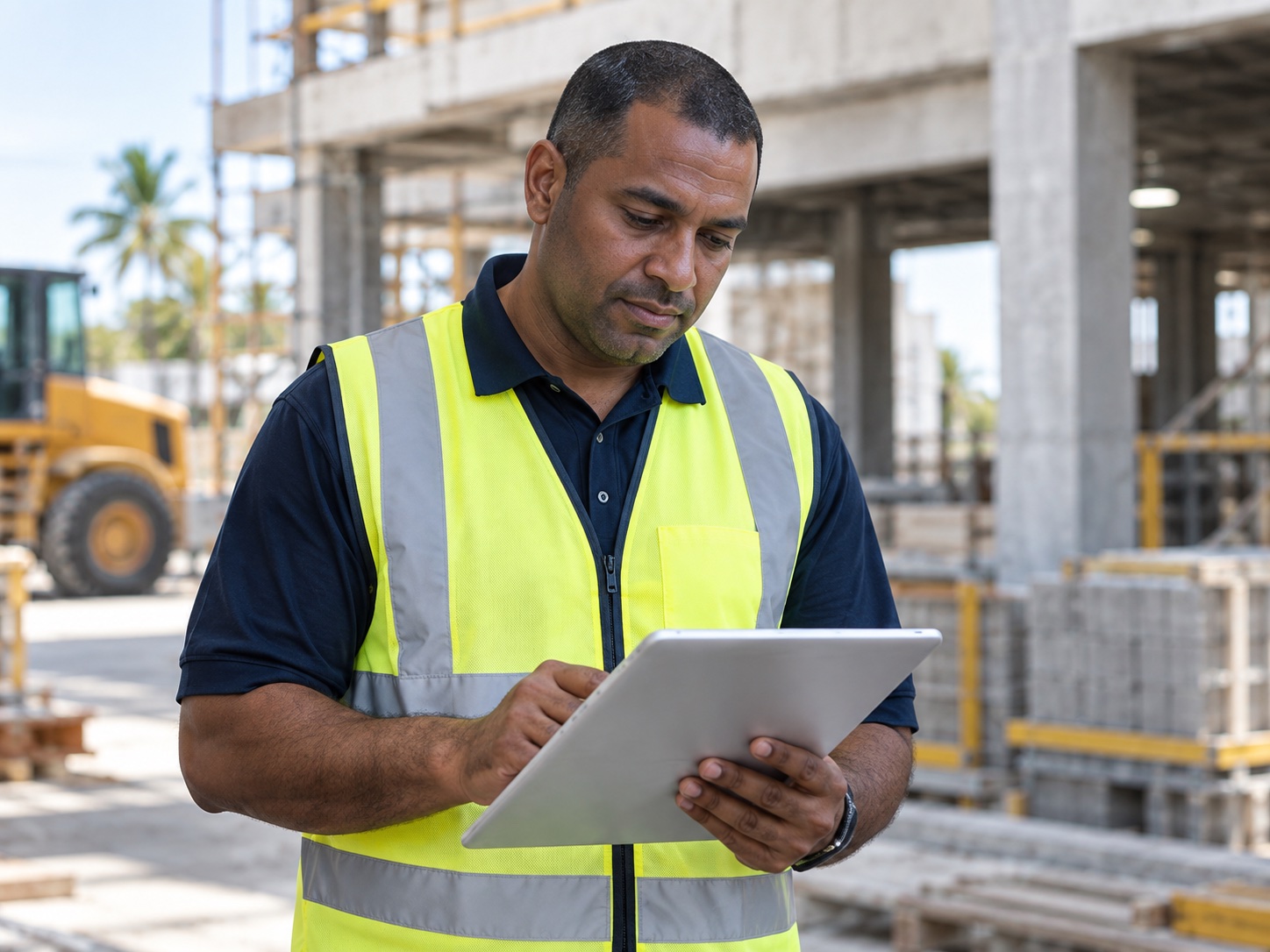 A site supervisor in a safety vest reviewing a case record on a tablet